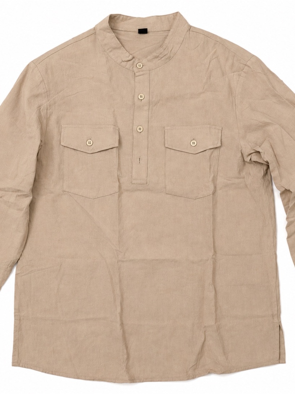 MANFINITY Beige Linen Look Mandarin Collar Button Front Shirt Size M
